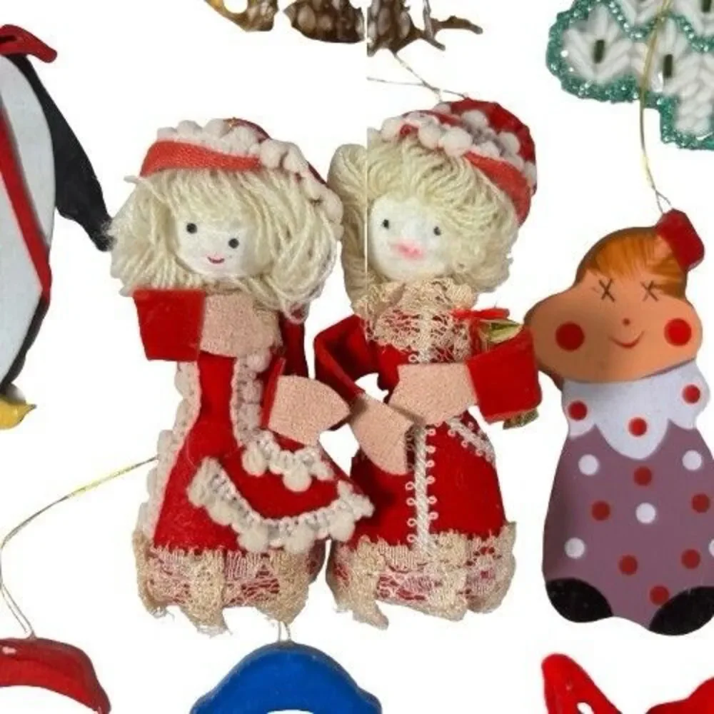 Lot of 19 Vintage Handmade Wooden Crochet German Ornaments Variety Angels Santa